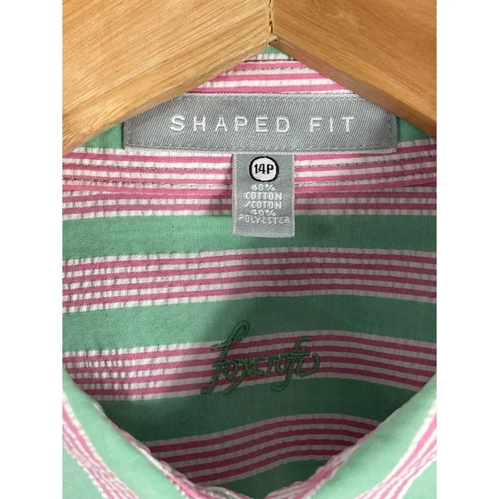 Foxcroft Women's 14P Shaped Fit Green Pink White Striped Long Sleeve Shirt - Picture 4 of 10